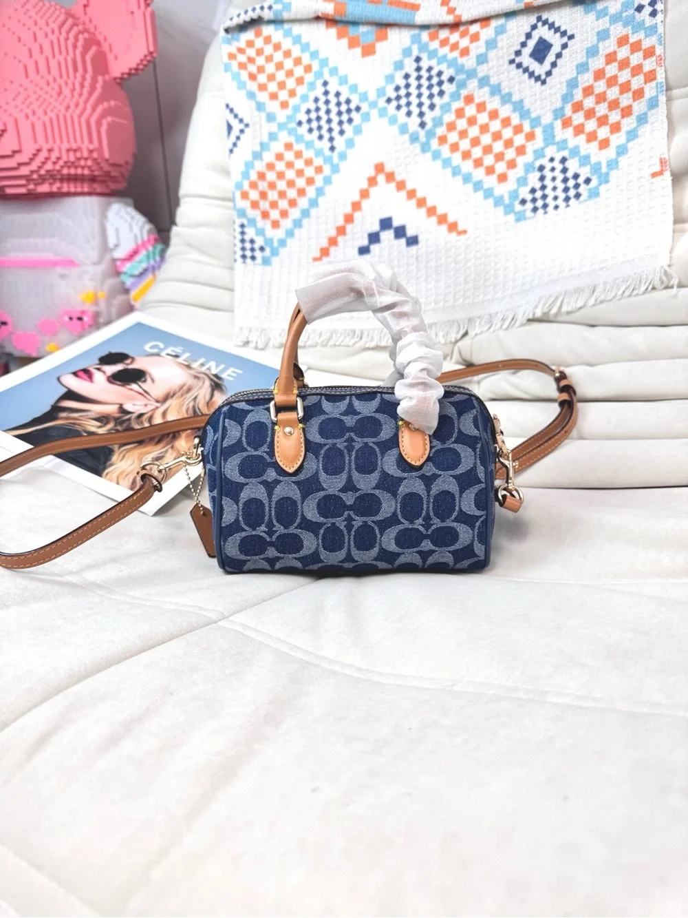 Coach Mini Satchel in Navy Signature Canvas with Tan Leather